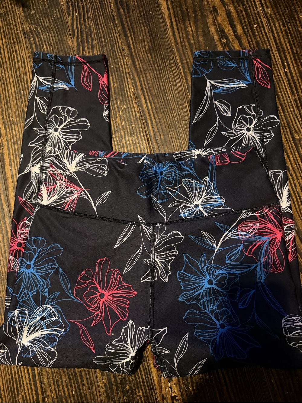Fabletics Black Leggings with Blue, Pink & White Floral Outline